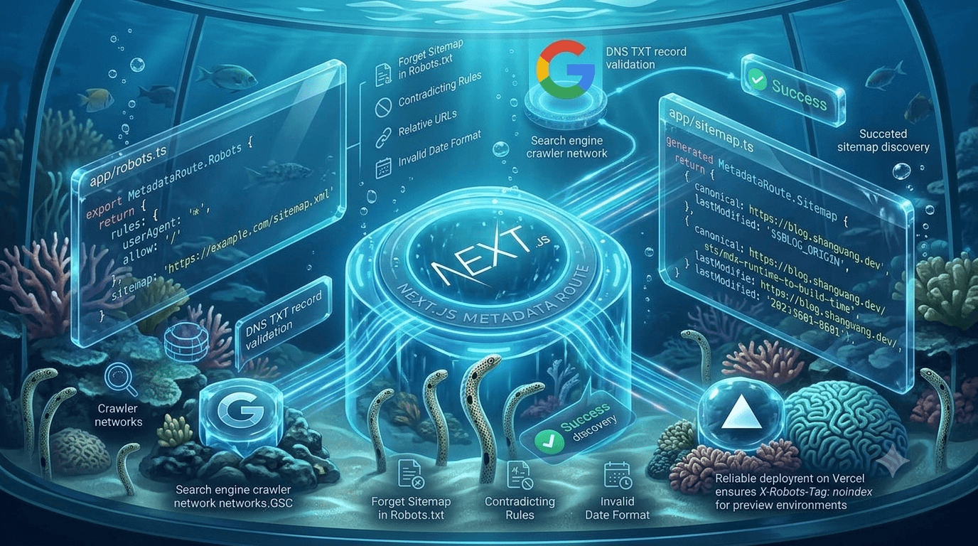 示意圖：Next.js 的 sitemap.ts 與 robots.ts 產出內容，經 Google 的 DNS 驗證與爬蟲探索後成功送達