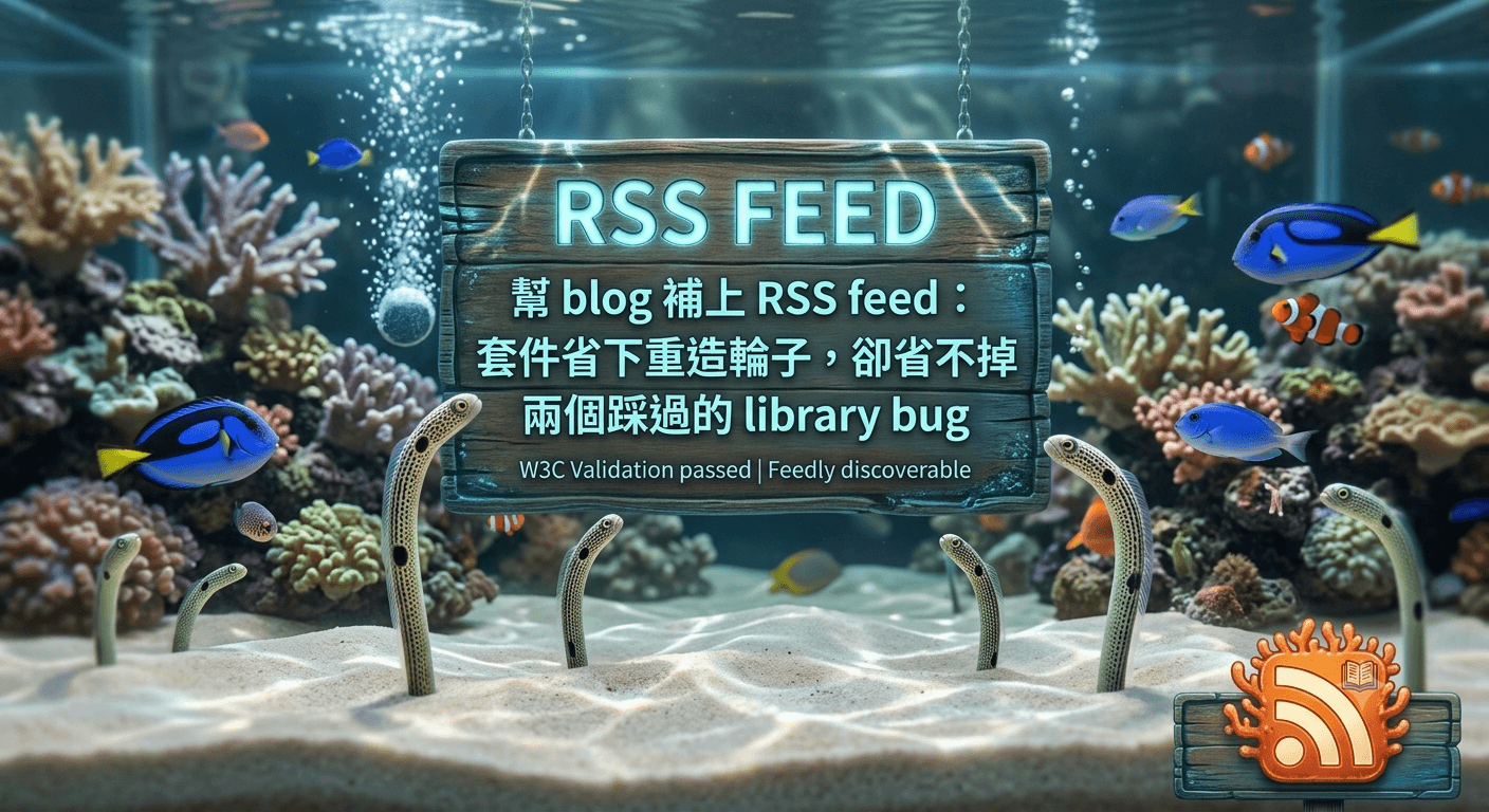 示意圖：水底立牌寫著 RSS FEED 與文章標題，標註 W3C Validation passed 與 Feedly discoverable，一旁珊瑚長成 RSS icon 造型